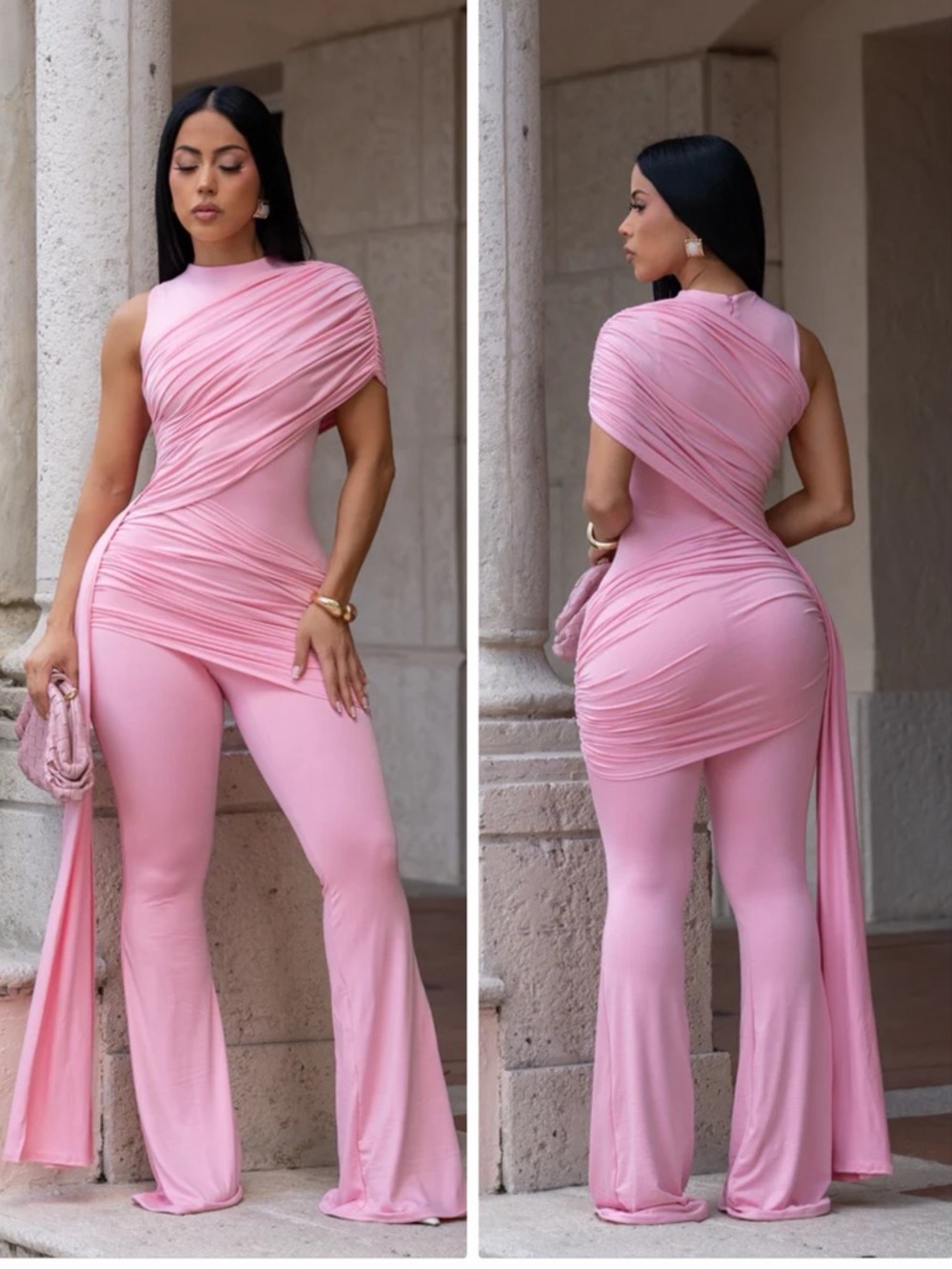 2PCs One-Shoulder Ruched Pant Set